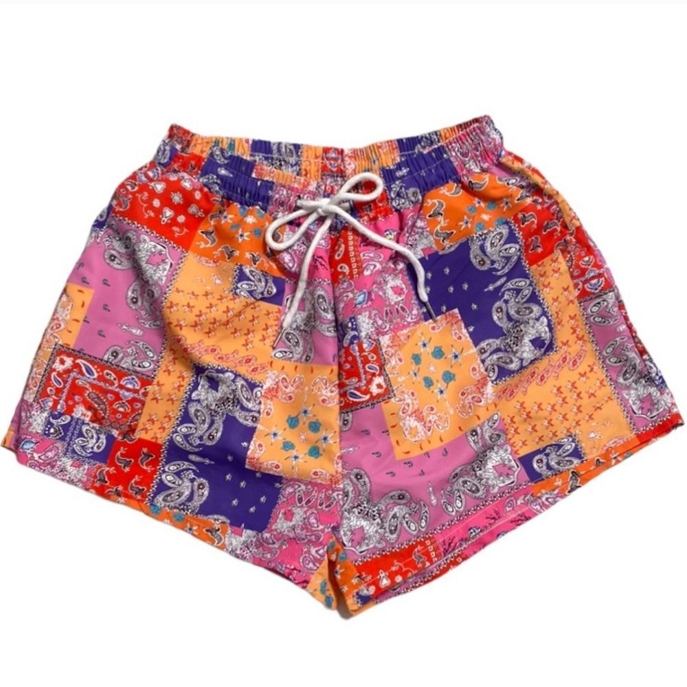 Shein Patchwork Multi Colored Print Drawstring/Elastic Waist Shorts Size L 8/10